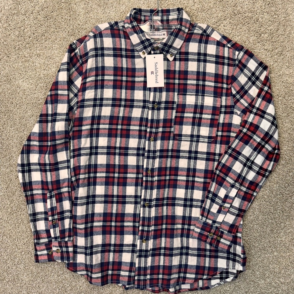 Saddlebred Shirt Mens Large Classic Fit Red Blue White Plaid Button Down NEW